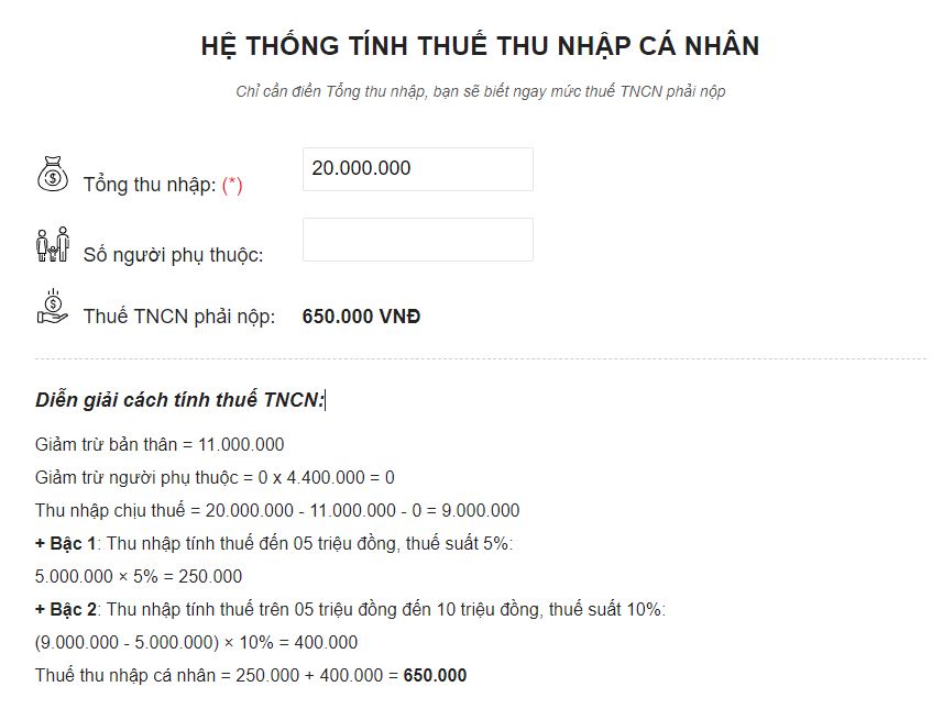 Hệ thống tính thuế thu nhập cá nhân online