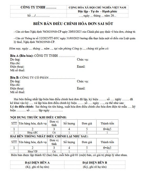 Mẫu biên bản điều chỉnh hóa đơn điện tử