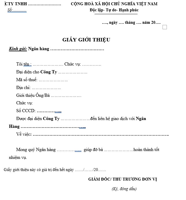 Tải mẫu Giấy giới thiệu giao dịch ngân hàng mới nhất (File Word)