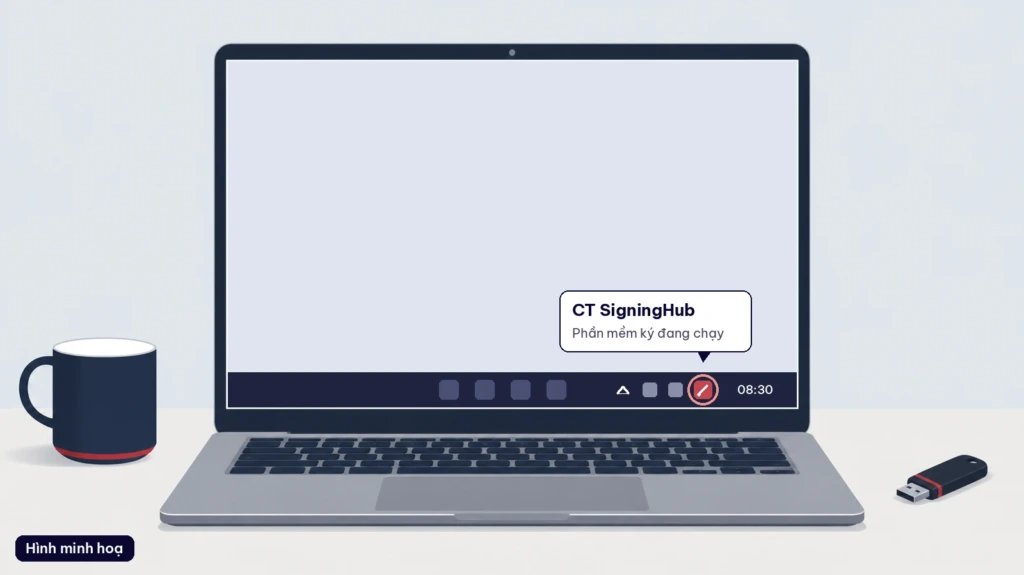 Hình minh hoạ biểu tượng phần mềm ký CT SigningHub đang chạy ở góc phải màn hình Windows