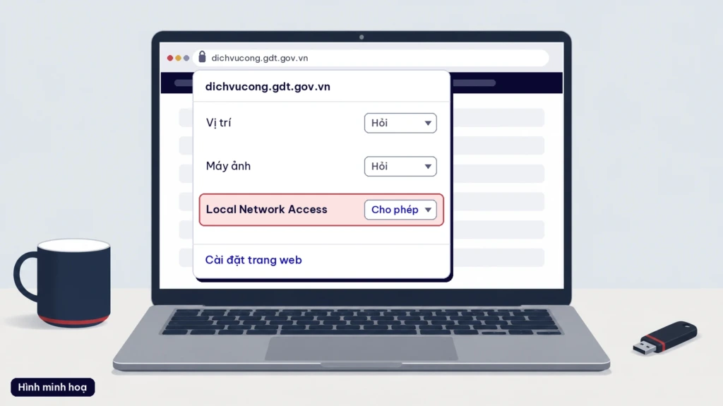 Hình minh hoạ chỗ chuyển Local Network Access sang Cho phép trên Chrome để sửa lỗi chưa cài đặt hoặc bật plugin chữ ký số