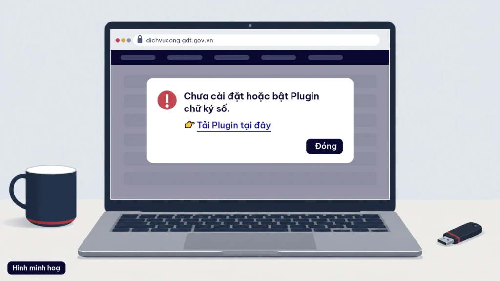 Hình minh hoạ hộp thoại chưa cài đặt hoặc bật plugin chữ ký số khi ký tờ khai trên Dịch vụ công thuế