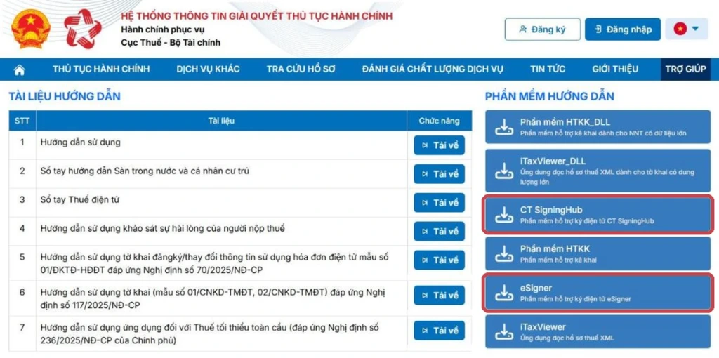 Mục Phần mềm hướng dẫn trên trang Trợ giúp Dịch vụ công thuế, nơi tải CT SigningHub và eSigner để sửa lỗi chưa cài đặt hoặc bật plugin chữ ký số